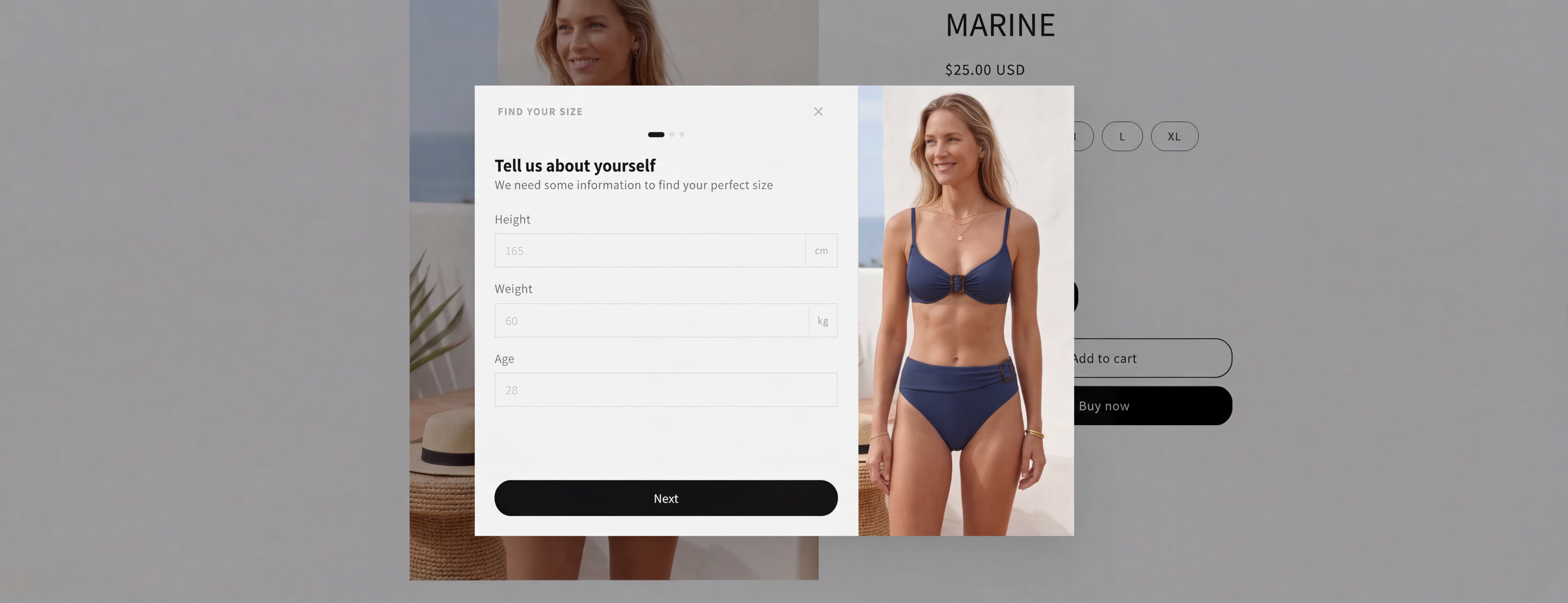 Storefront modal asking for customer measurements